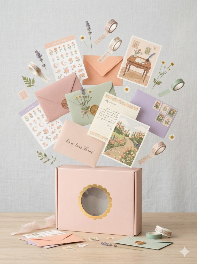 Whimsical unboxing of a snail mail subscription featuring a pink mailer box with a gold scalloped window. Colorful envelopes, floral stickers, and washi tape float artfully above the box in a bright, feminine setting.