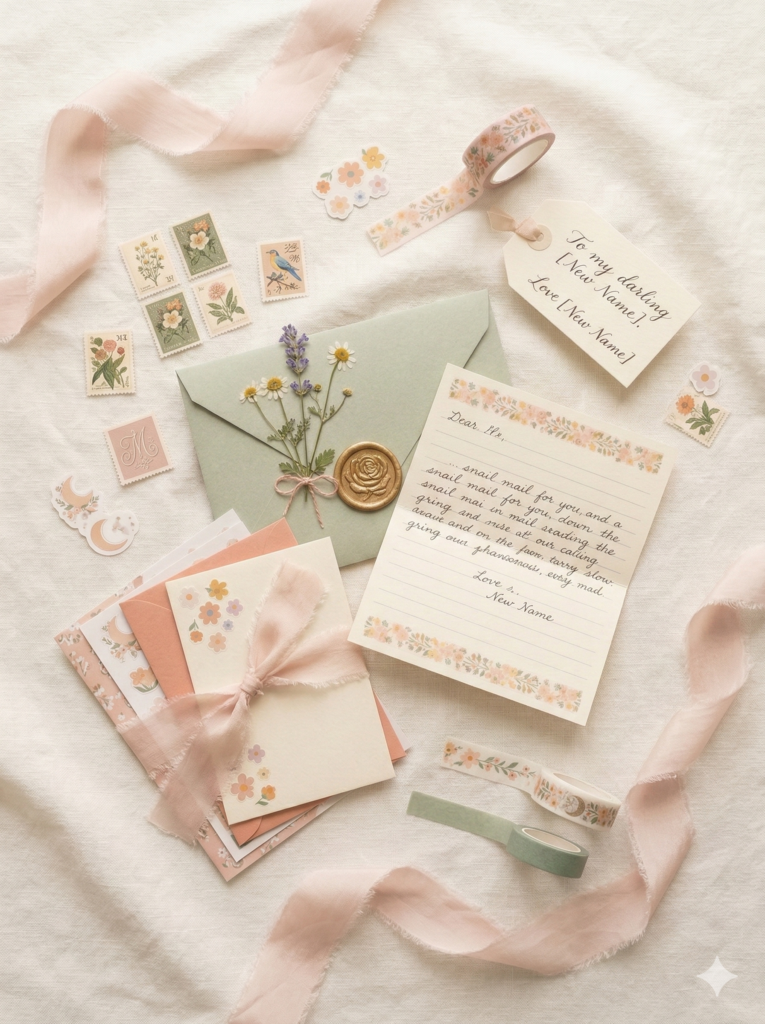 An elegant flat lay of snail mail gift items including a sage green envelope with a gold rose wax seal, a handwritten letter, floral washi tape, and a gift tag on cream linen.
