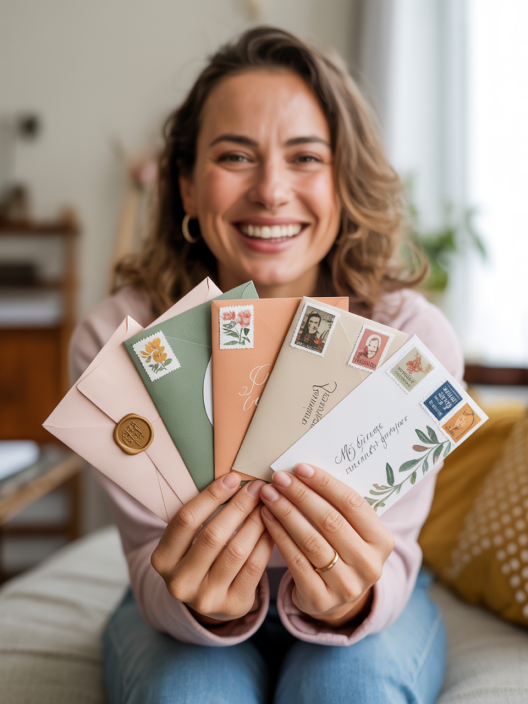 A happy woman in her 30s sitting in a cozy living room, holding up a fanned-out collection of unique snail mail envelopes with decorative stamps and wax seals.
